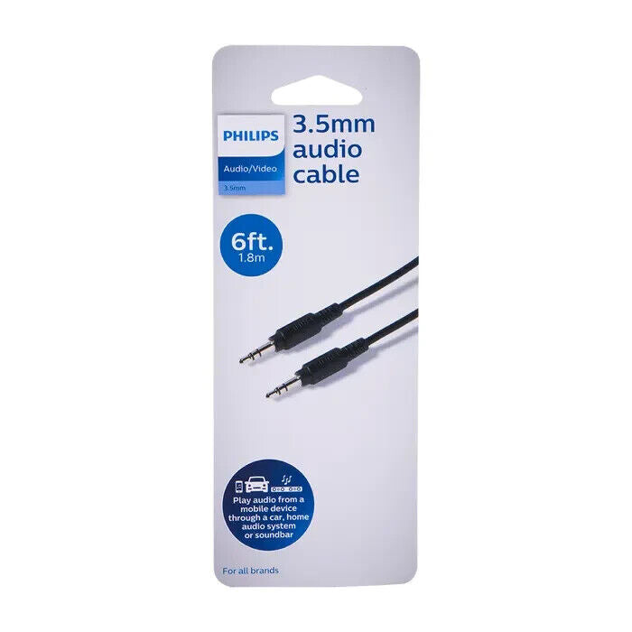 Philips 3.5mm Audio Cable 6ft / 1.8m, SWA9236B/27, Black, For All Brands - New