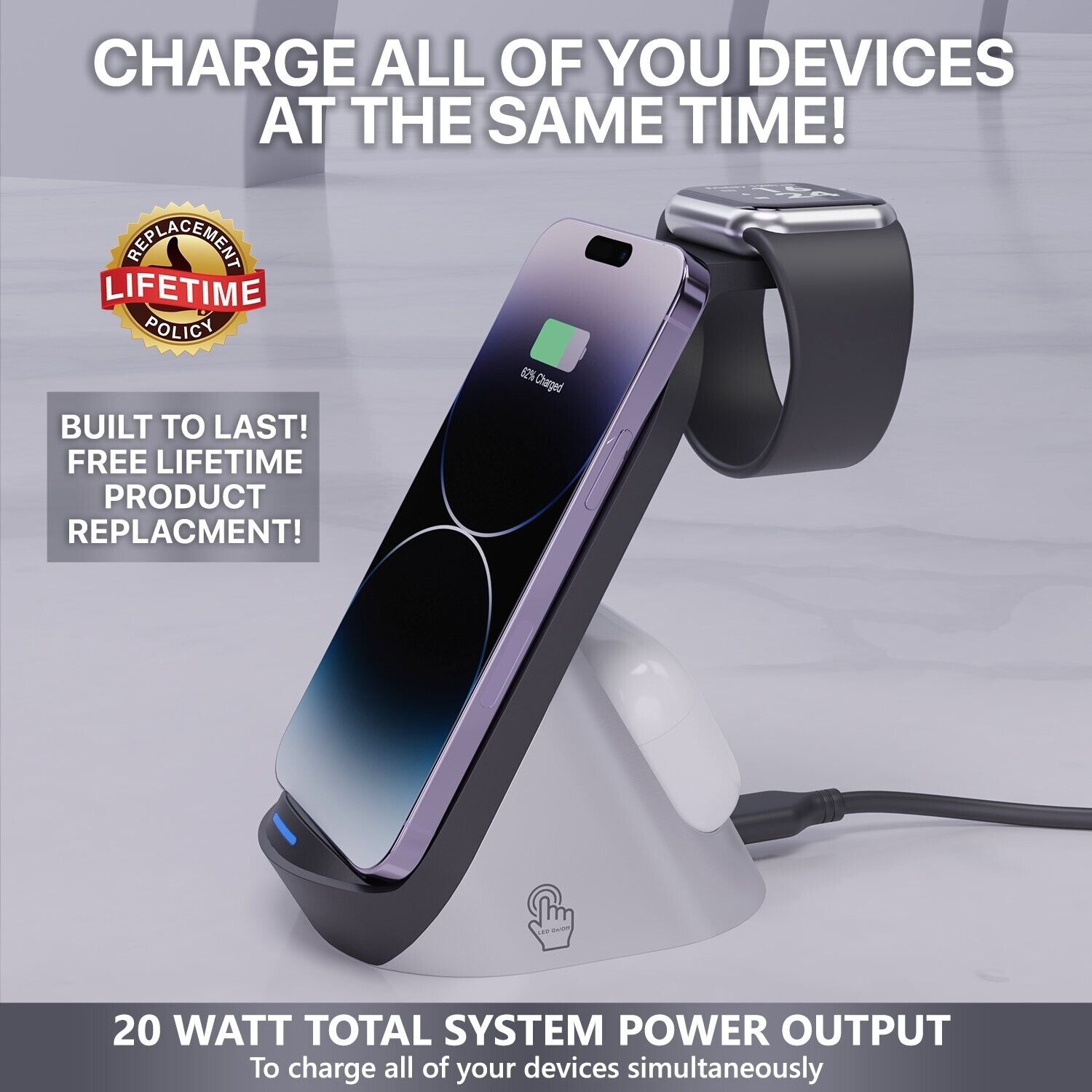 TopTier 3 in 1 Wireless Charging Station Dock ~ 20W Total Power Output