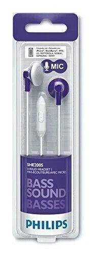 Philips Bass Sound SHE2005 Earbud Headset w/ Mic, Purple, NEW - SEE NOTES