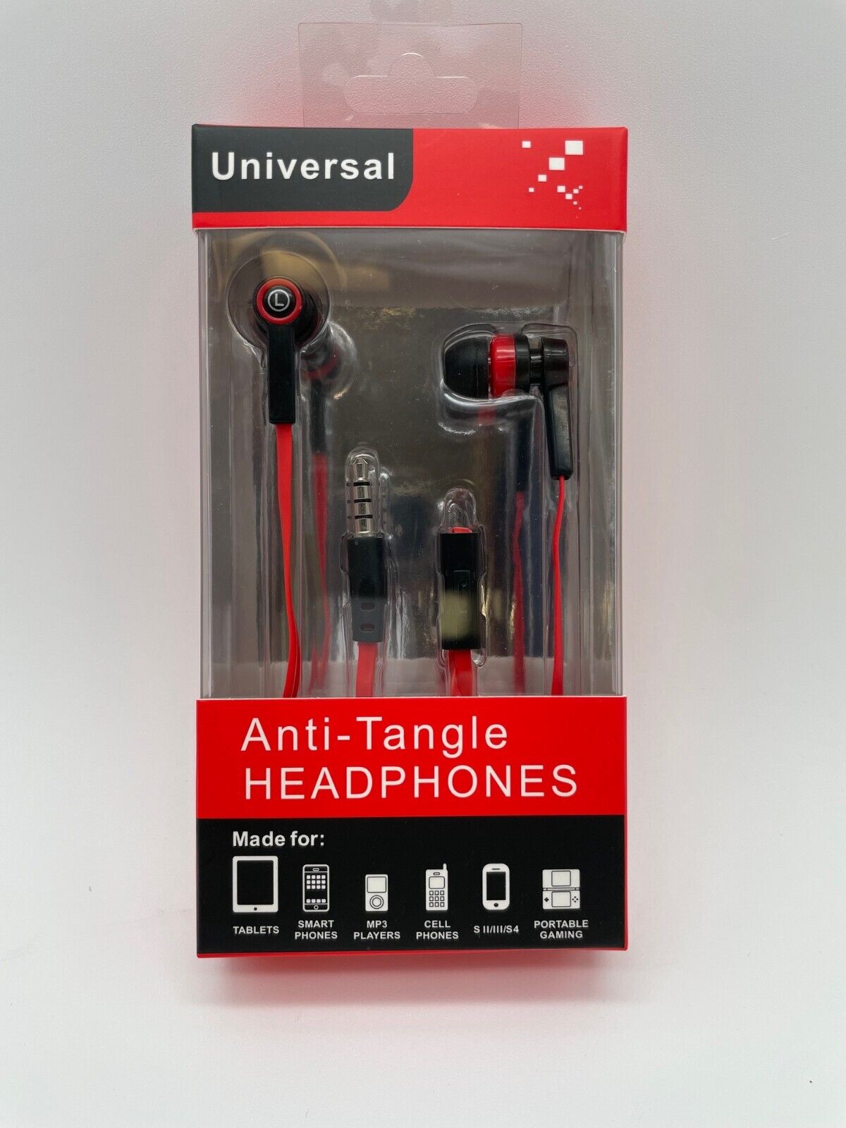 Universal Anti-Tangle Headphones, Stereo Earbuds w/ Mic, Red & Black - NEW