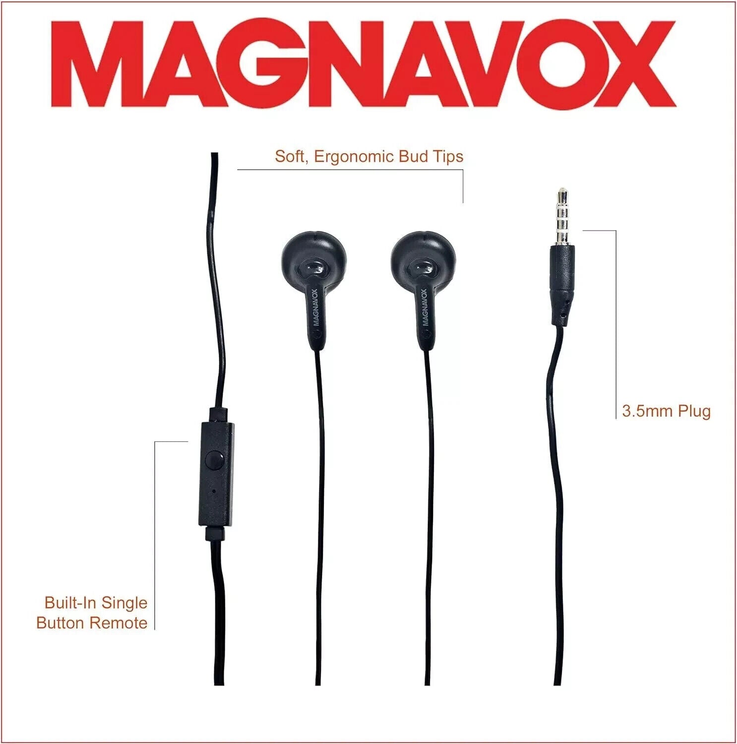 Magnavox Snug Fit+ Smooth Bass Handsfree Earphones w/ Mic & Control, Black - NEW