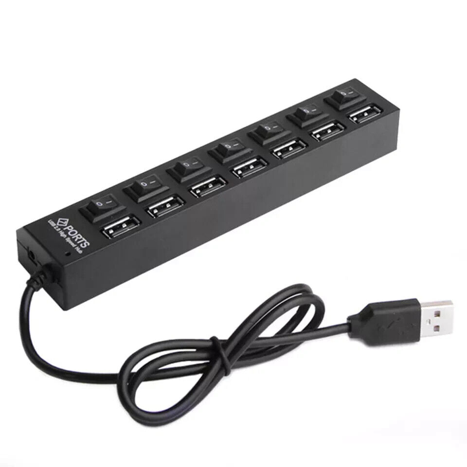 Universal, Unbranded 7 Port USB 2.0 High Speed Hub, Black, New