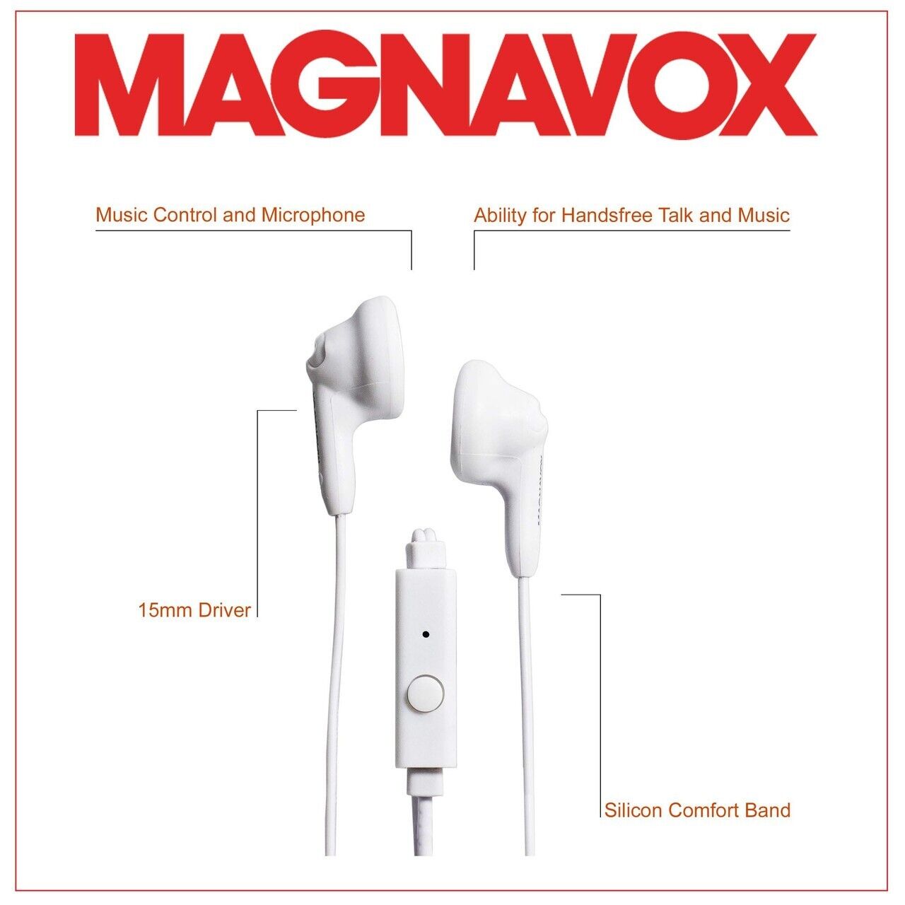 Magnavox Snug Fit+ Smooth Bass Handsfree Earphones w/ Mic & Control, White - NEW