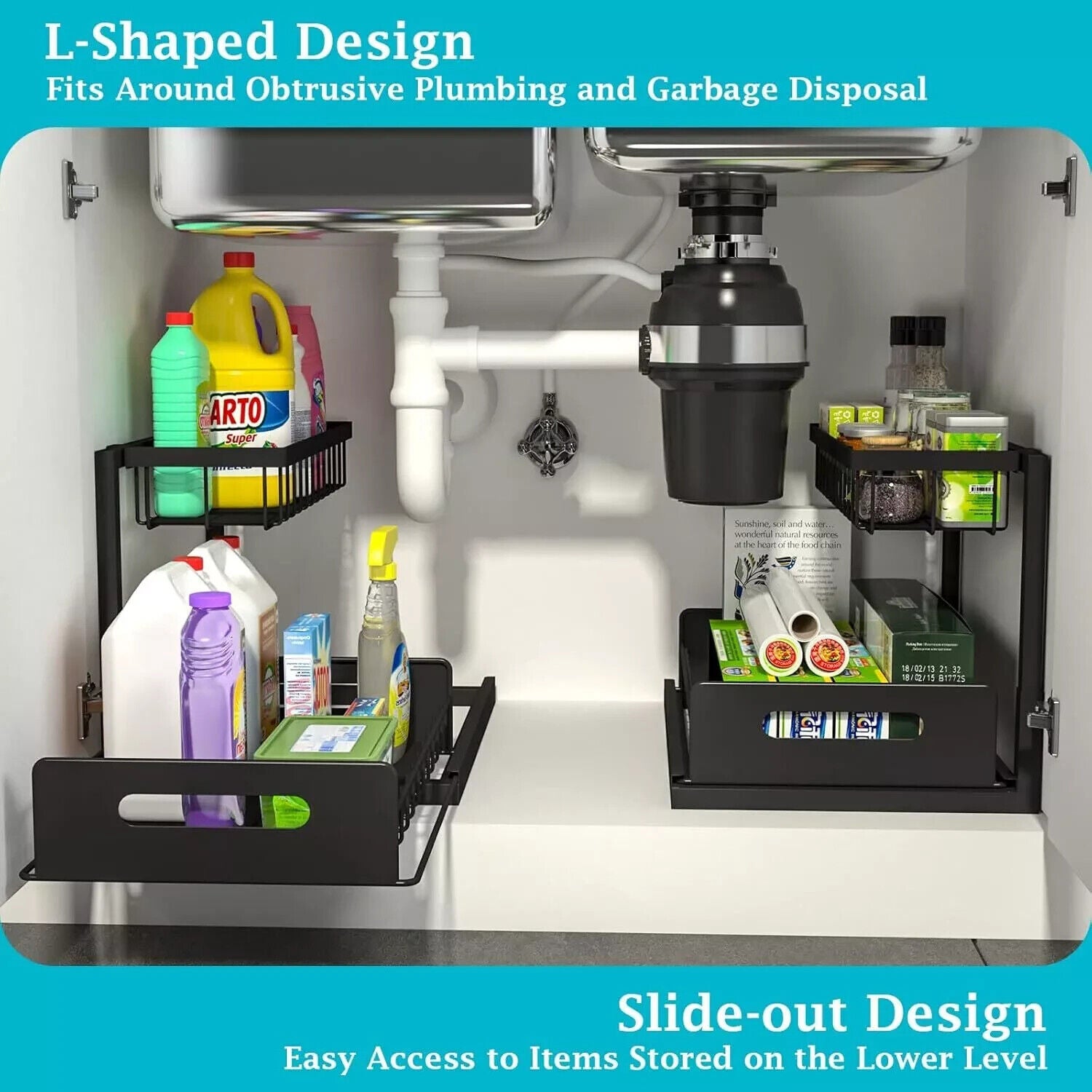 REALINN Under Sink Organizer Pull Out Cabinet Organizer 2 Tier Slide Out Black