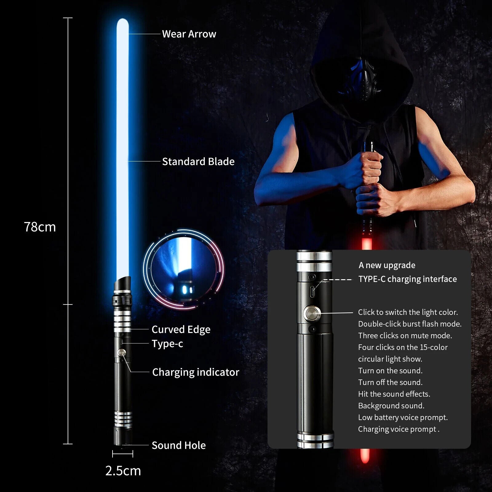 Lightsaber w/ Lights & Sound, 31in w/ Hilt, 22" Polycarbonate Blade, Connectable