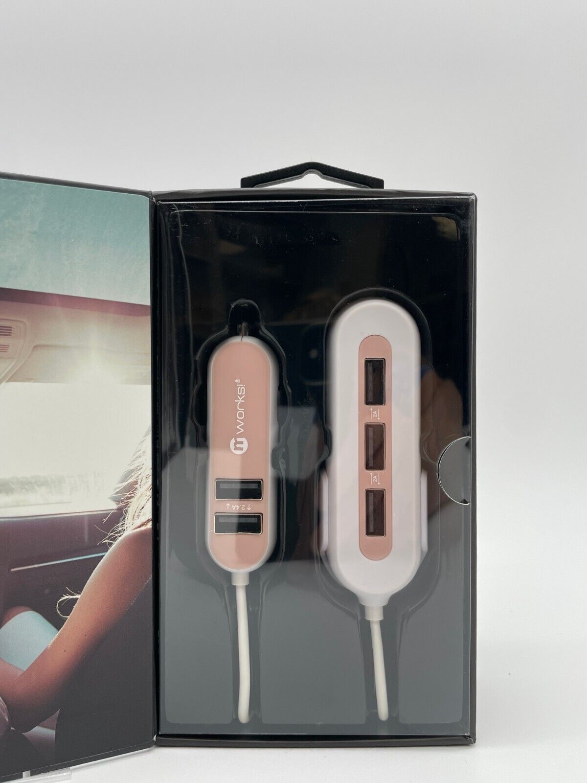 mworks! mPOWER! 10.8A Front & Back Seat 5 Port Car Charger, Rose Gold/White, NEW