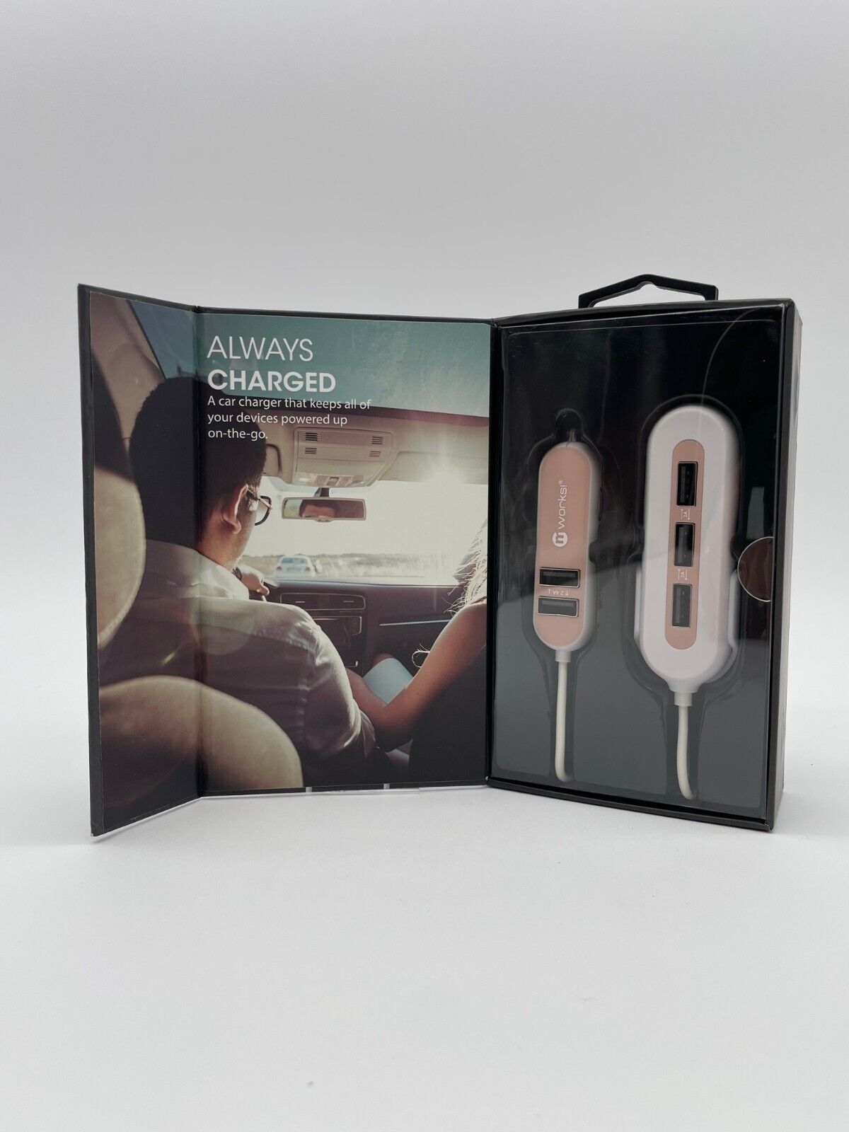 mworks! mPOWER! 10.8A Front & Back Seat 5 Port Car Charger, Rose Gold/White, NEW