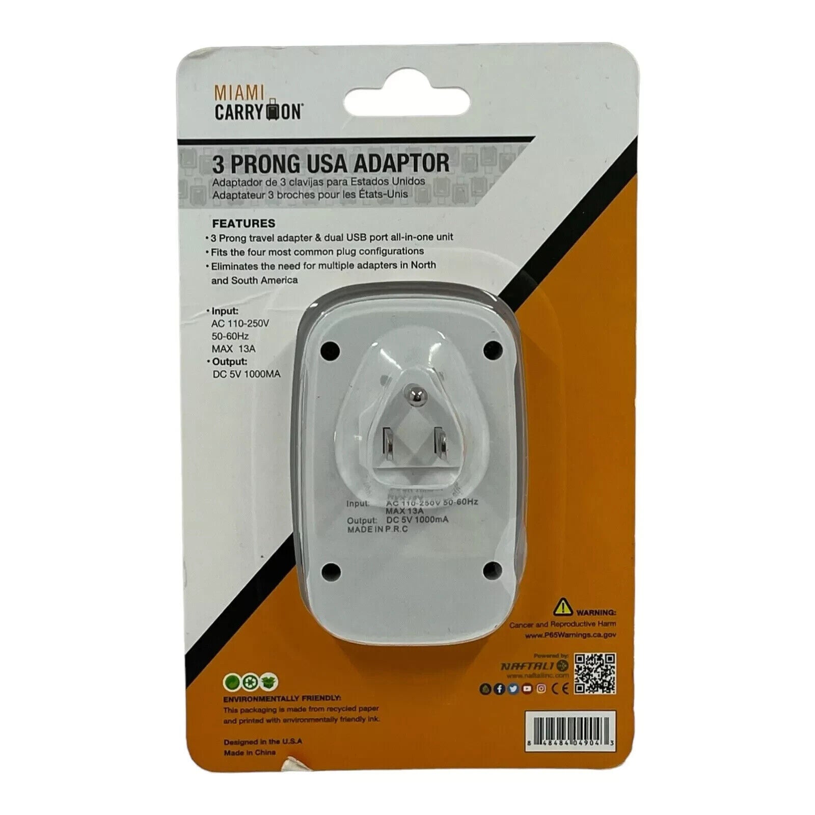 Miami Carry On 3 Prong USA Adaptor w/ 2 USB Ports for North & South America, NEW