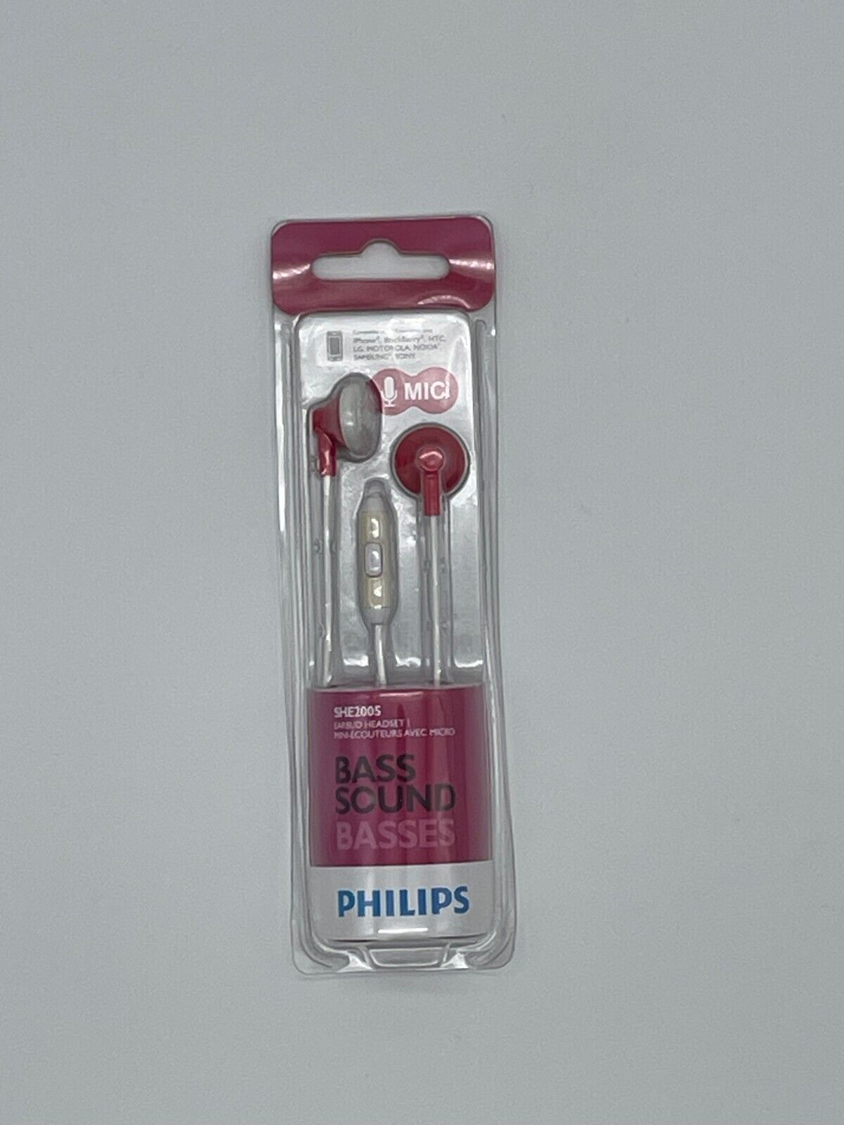 Philips Bass Sound SHE2005 Earbud Headset w/ Mic, Pink, New/Unopened - SEE NOTES