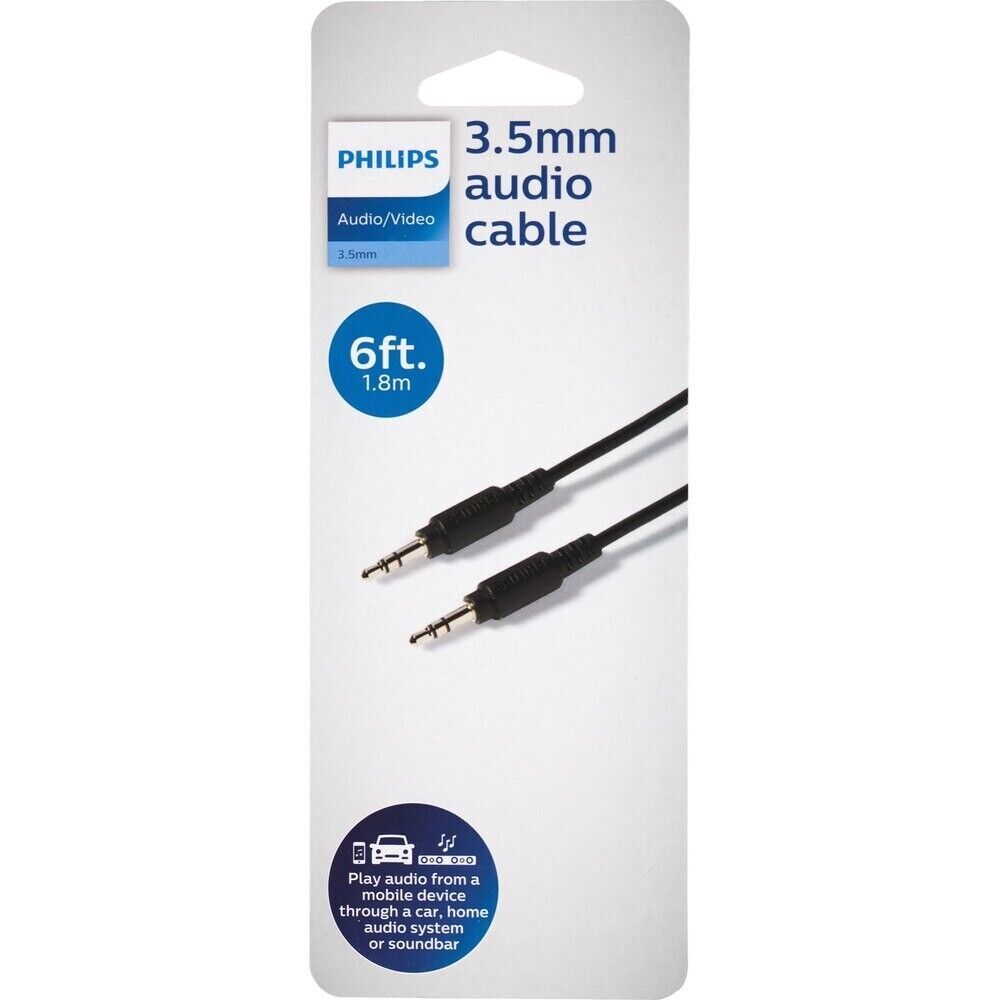 Philips 3.5mm Audio Cable 6ft / 1.8m, SWA9236B/27, Black, For All Brands - New