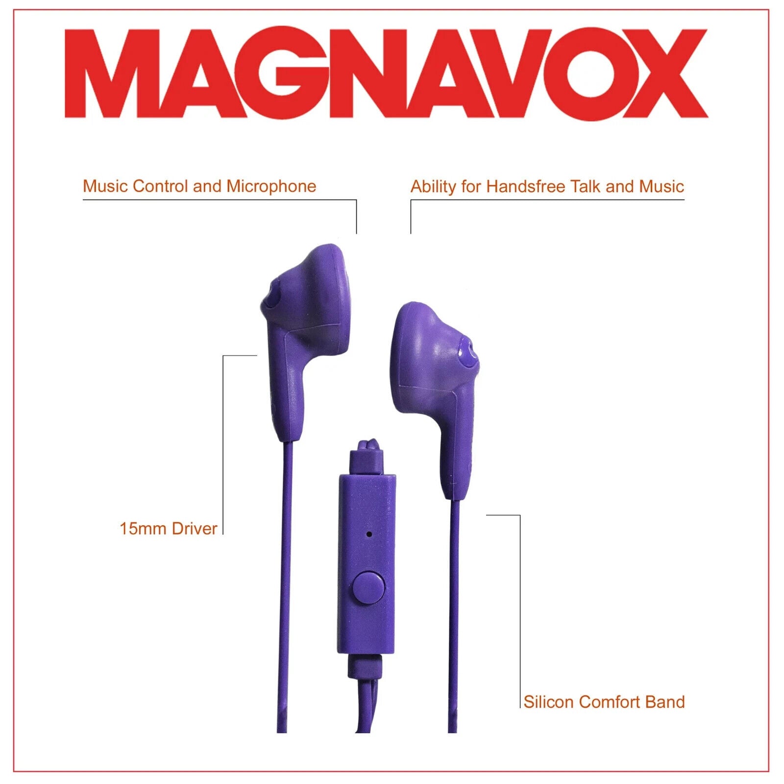 Magnavox Snug Fit+ Smooth Bass Handsfree Earphones w/ Mic & Control, Purple--NEW