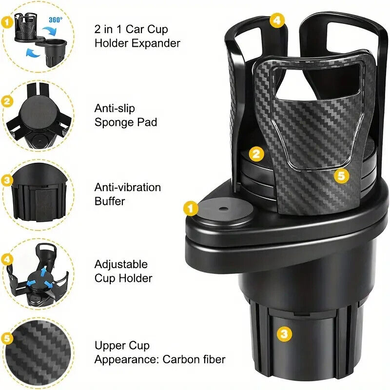 Double Groove Rotating Carbon Fiber Car Cup Holder - Adjustable, Anti-Slip