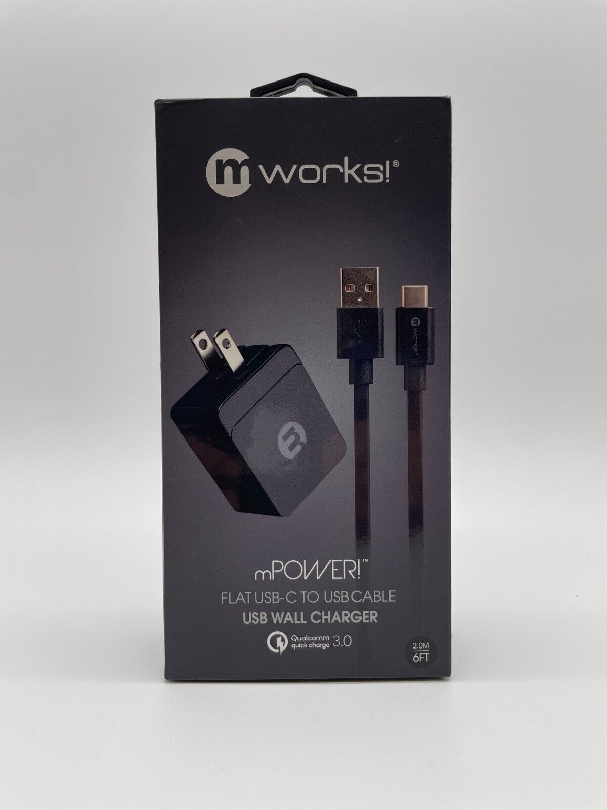 mworks! mPOWER! Flat USB-C to USB Cable + USB Wall Charger, Black - NEW