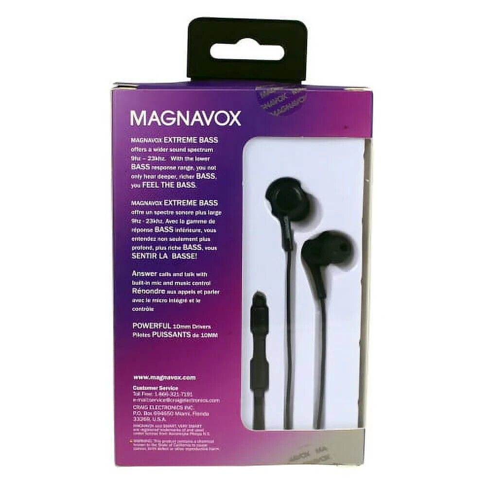 Magnavox In-Ear Silicone Earbuds Extreme Bass w/ 3.5 mm Headphone Jack Black NEW