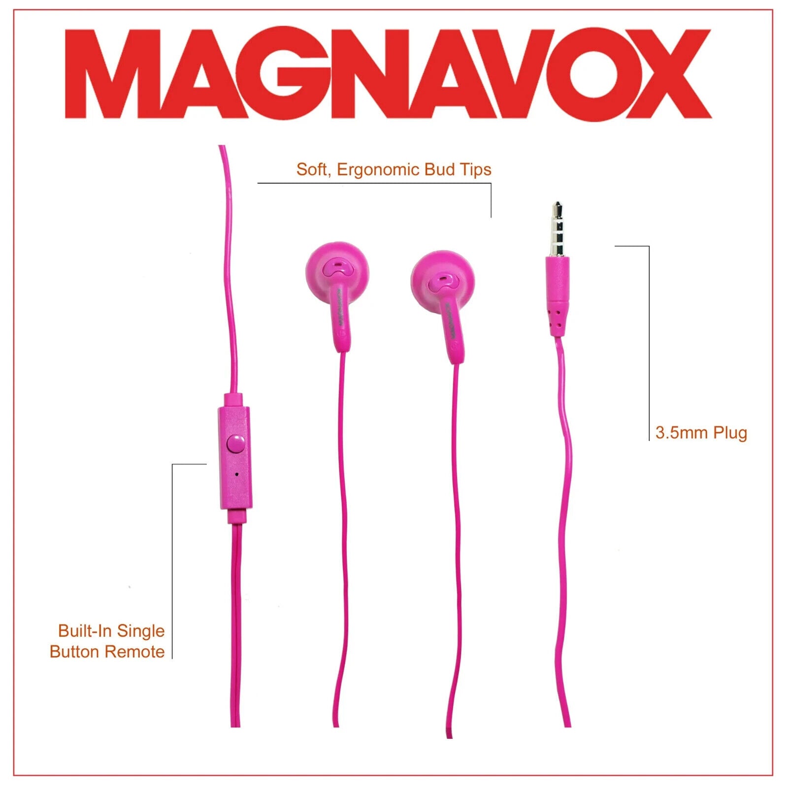 Magnavox Snug Fit+ Smooth Bass Handsfree Earphones w/ Mic & Control, Pink - NEW