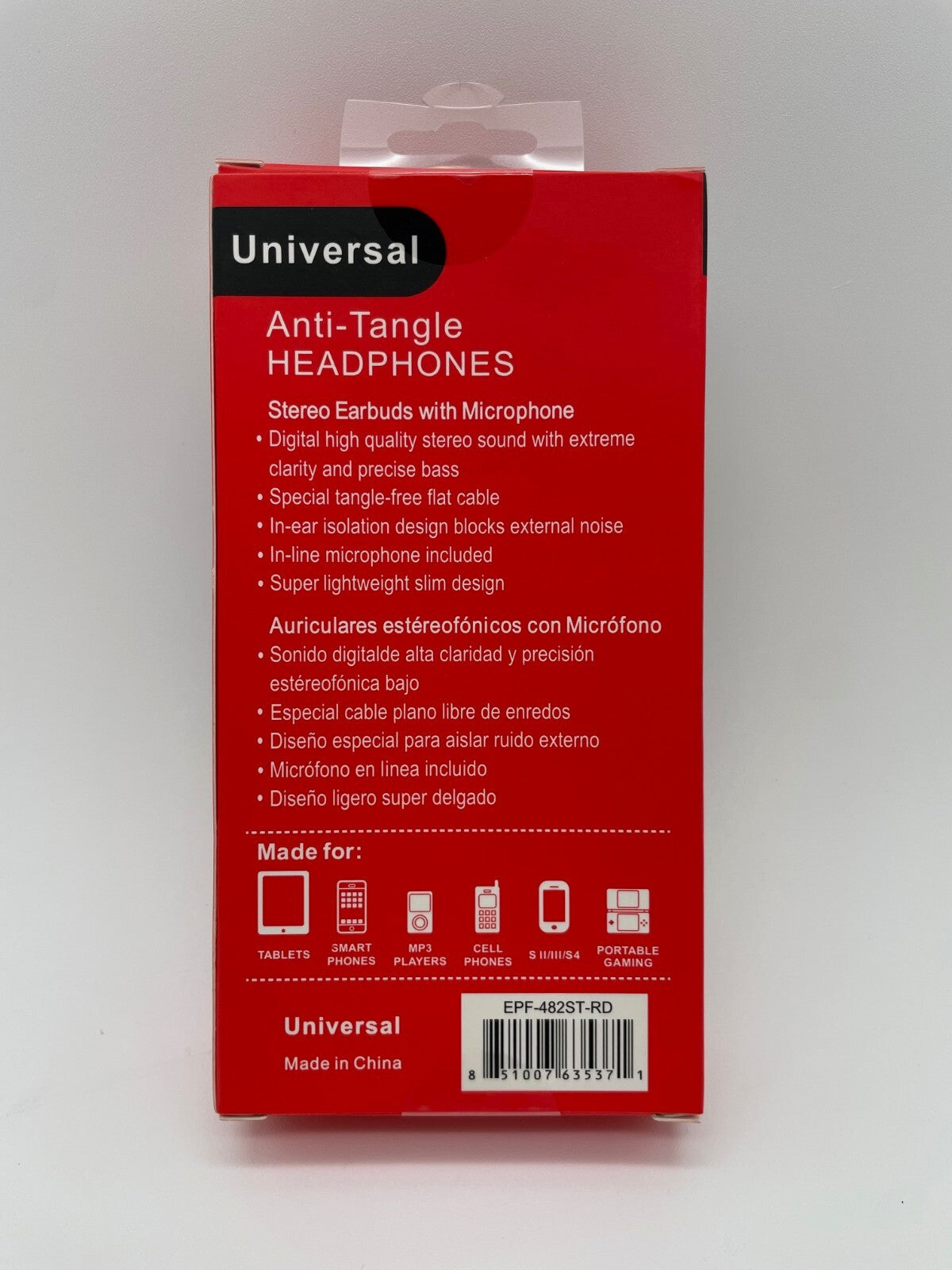 Universal Anti-Tangle Headphones, Stereo Earbuds w/ Mic, Red & Black - NEW