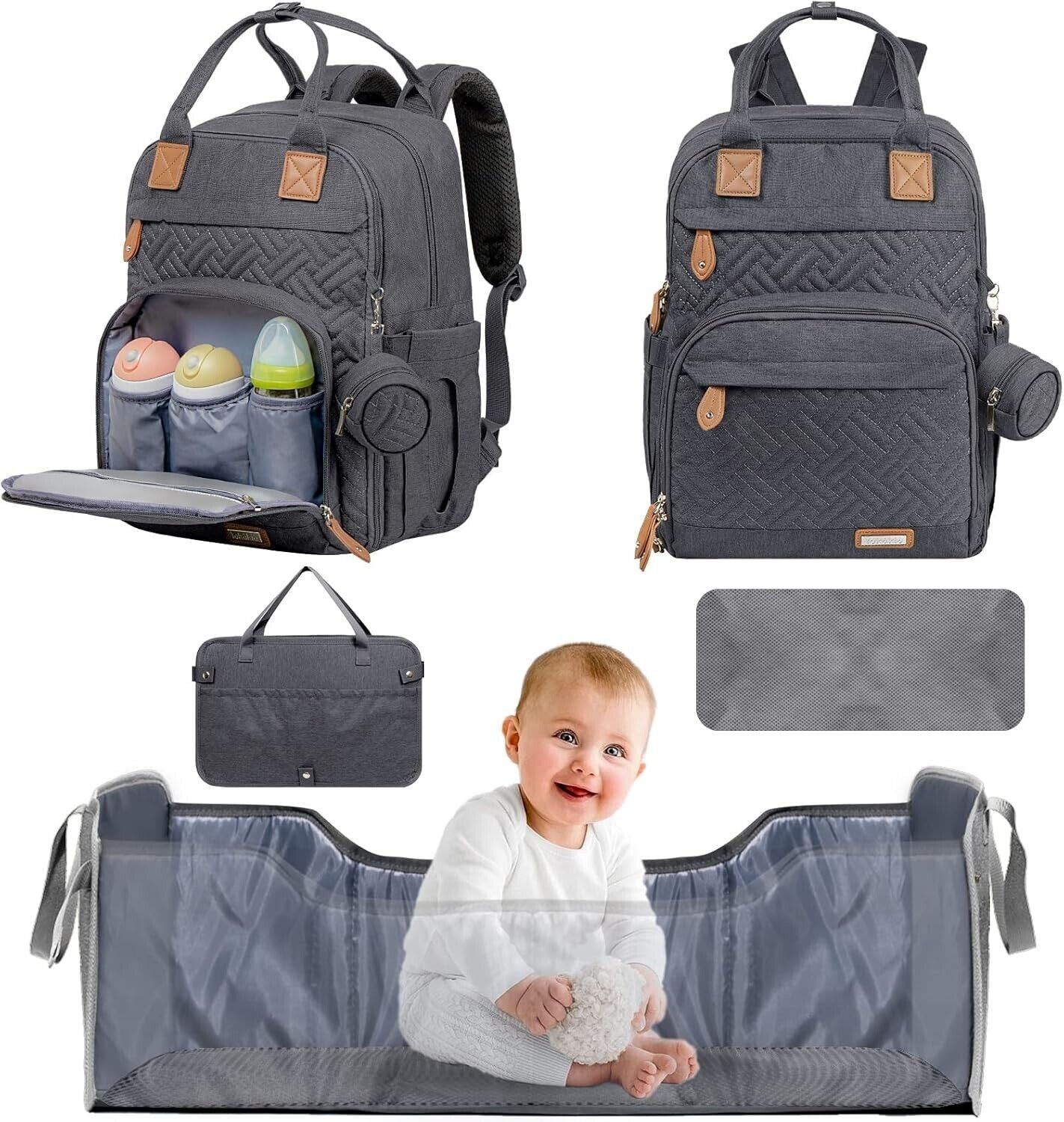 Yokakio Diaper Bag Backpack with Changing Pad & Pacifier case NWT Grey