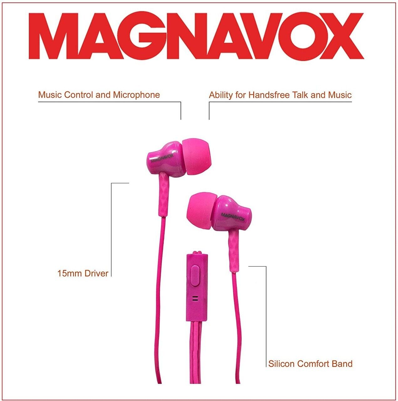 Magnavox Shuffle+ In Ear Headphones w/ Bass, Handsfree w/ Mic & Ctrl, Pink - NEW