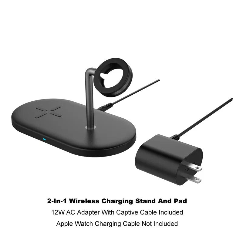 Onn 2-in-1 Wireless Charging Stand & Pad for Smart Phone & Apple Watch, Black