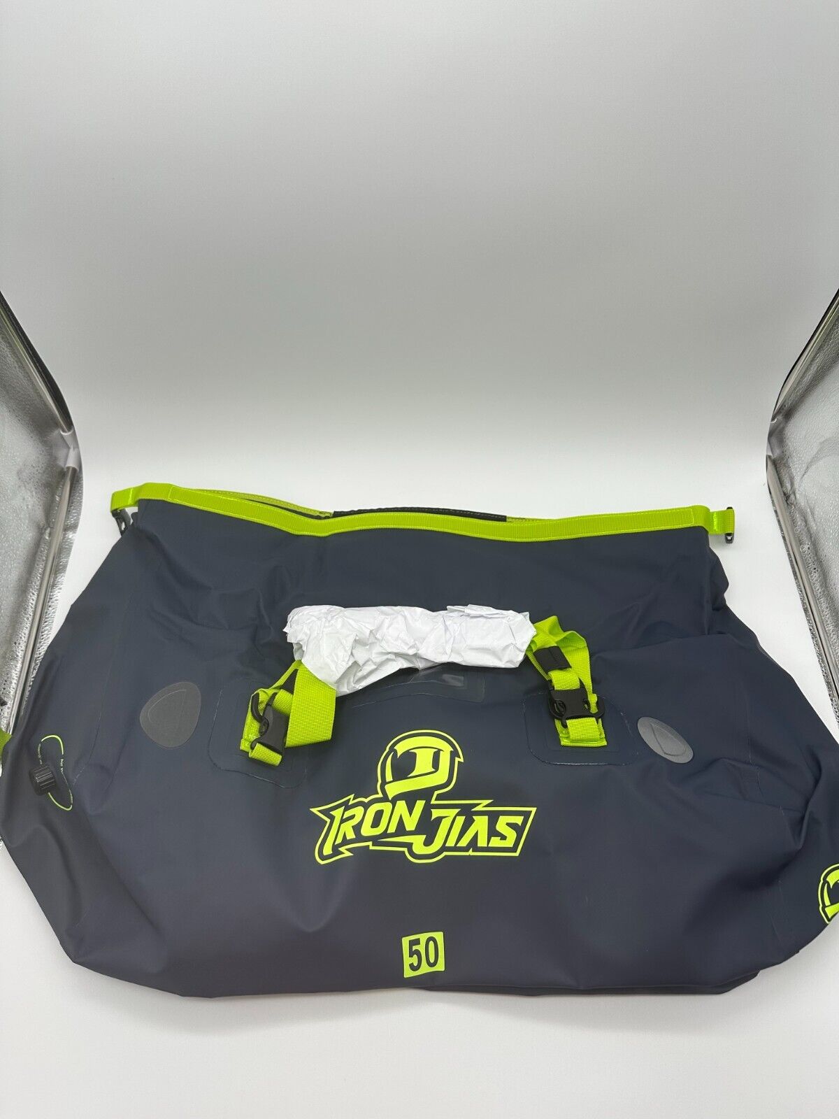 Iron JIA's 50L Waterproof Motorcycle Bag- Navy and Neon Green