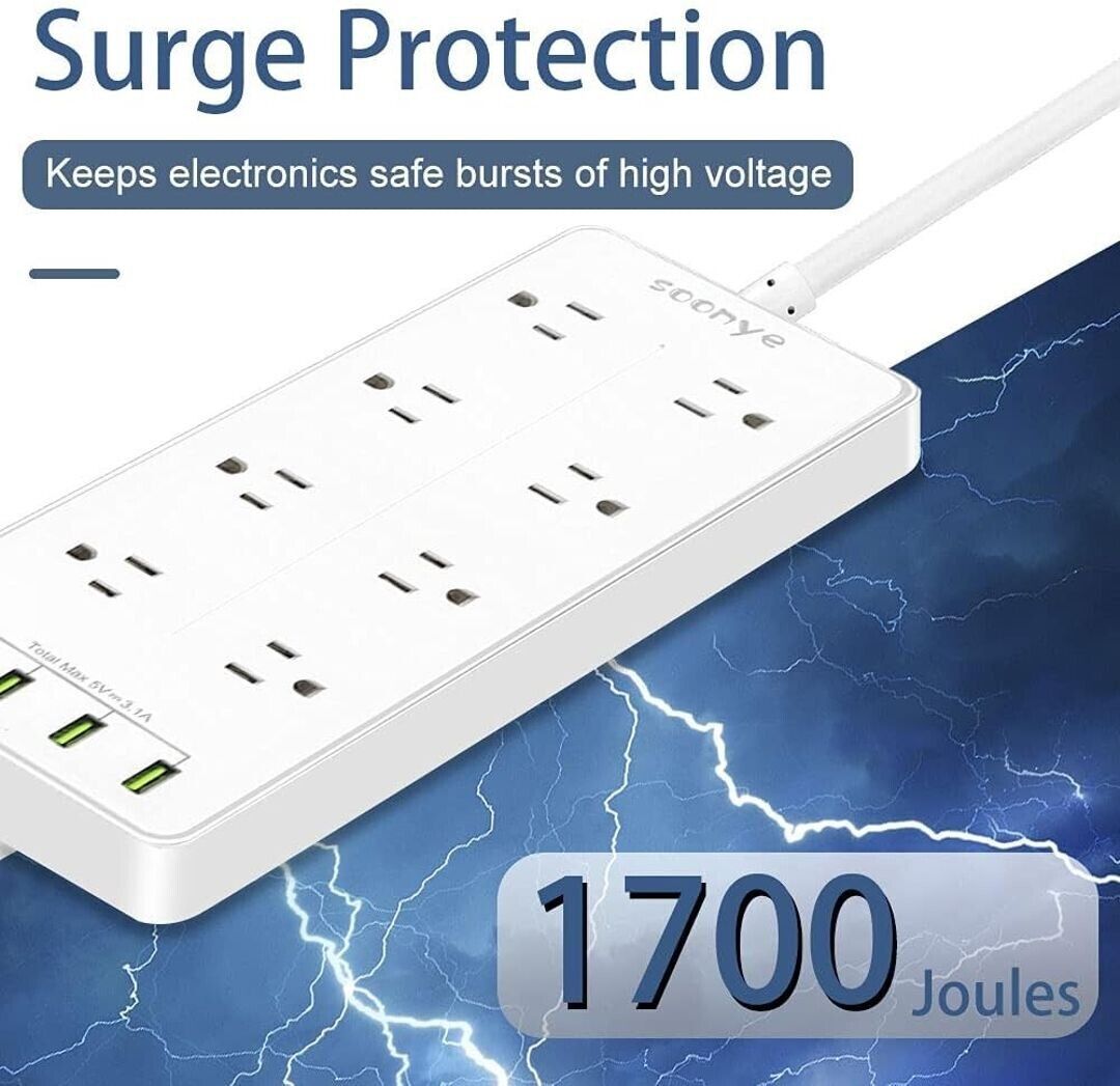 Power Strip with 8 AC outlets Spaced for Non-Crowding & 4 USB Ports, White