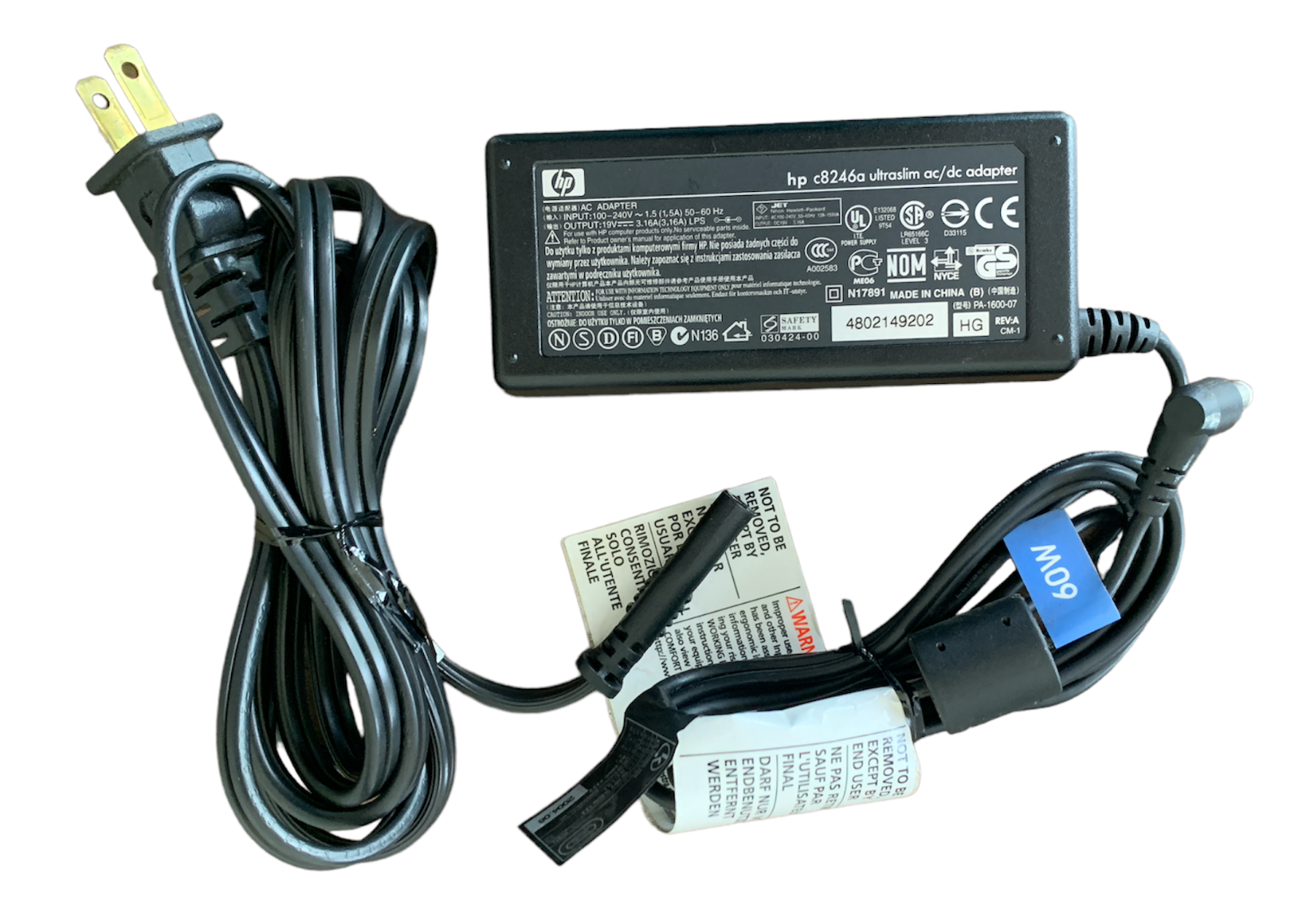 HP C8246A Ultraslim AC/DC Laptop Power Adapter Supply Charger 19V 3.16A 60W