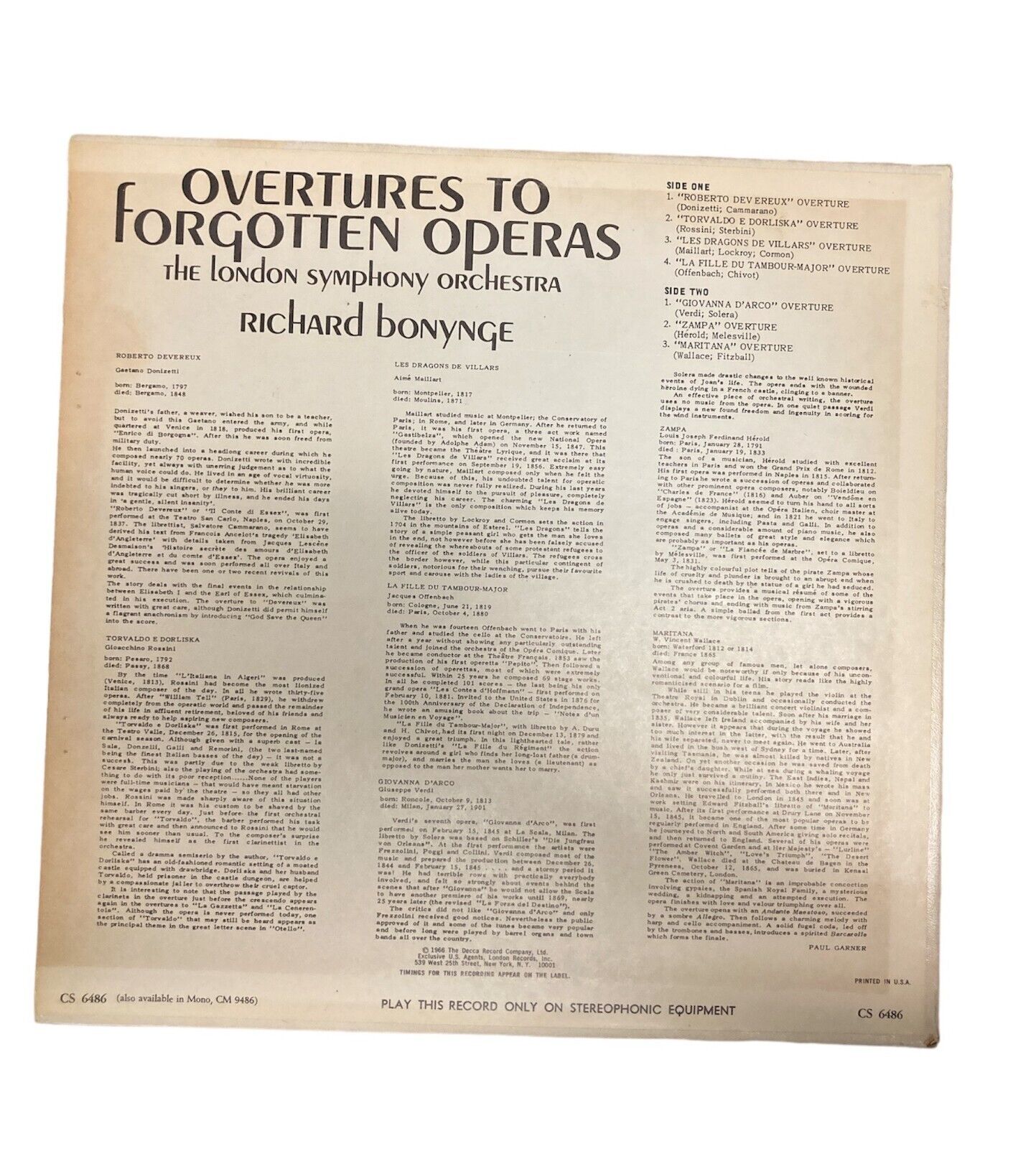 Overtures to Forgotten Operas: The London Symphony Orchestra - CS-6486 Vinyl