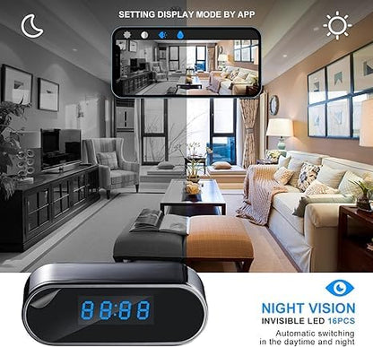 Home Security Camera HD 1080P Indoor Clock Detector, WiFi, Night Vision, Motion