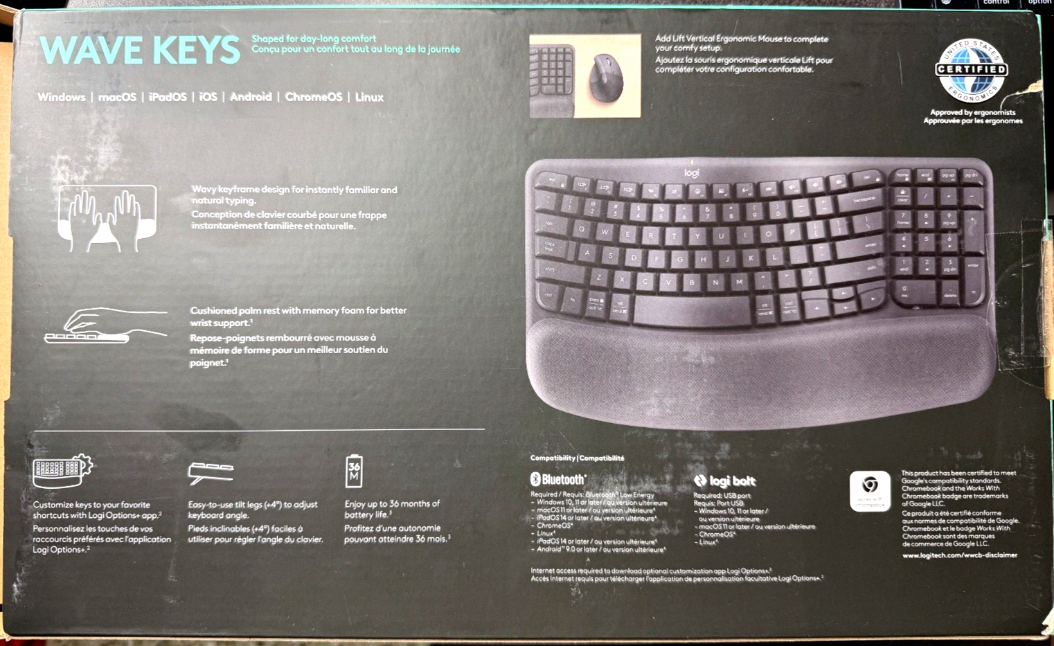 Logitech Wave Keys Wireless Ergonomic Keyboard - Graphite US English | Read Desc
