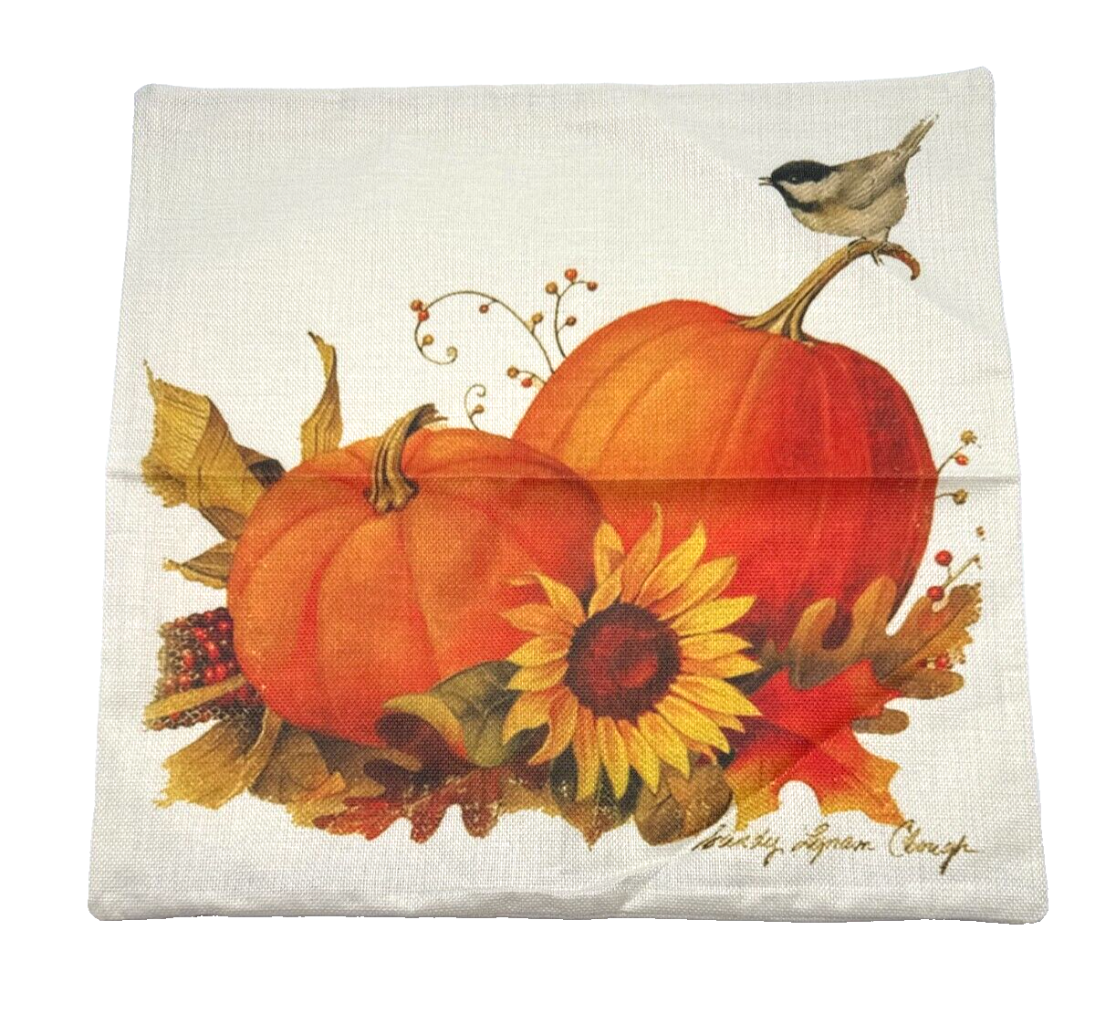 Autumn Harvest Pumpkins and a Bird in Leaves Throw Pillow Cover 17 X 17