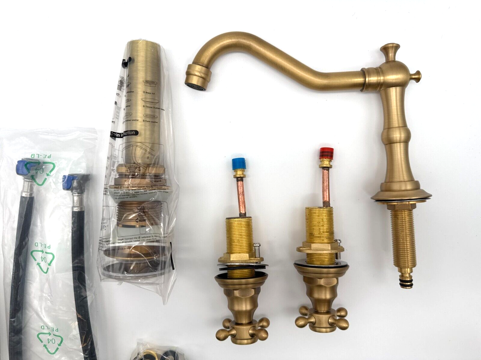 Brass color Bathroom Faucet with Hot & Cold Knobs, Pop-up Drain and Supply Lines