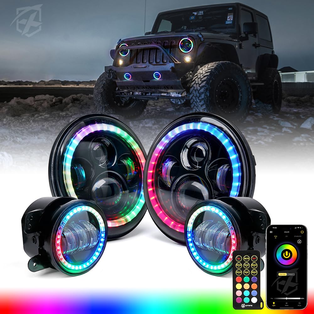 7" ~ BT compatible, RGB Halo LED Headlights & Fog Lights for 07-18 Jeep Wrangler