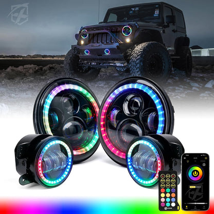 7" ~ BT compatible, RGB Halo LED Headlights & Fog Lights for 07-18 Jeep Wrangler