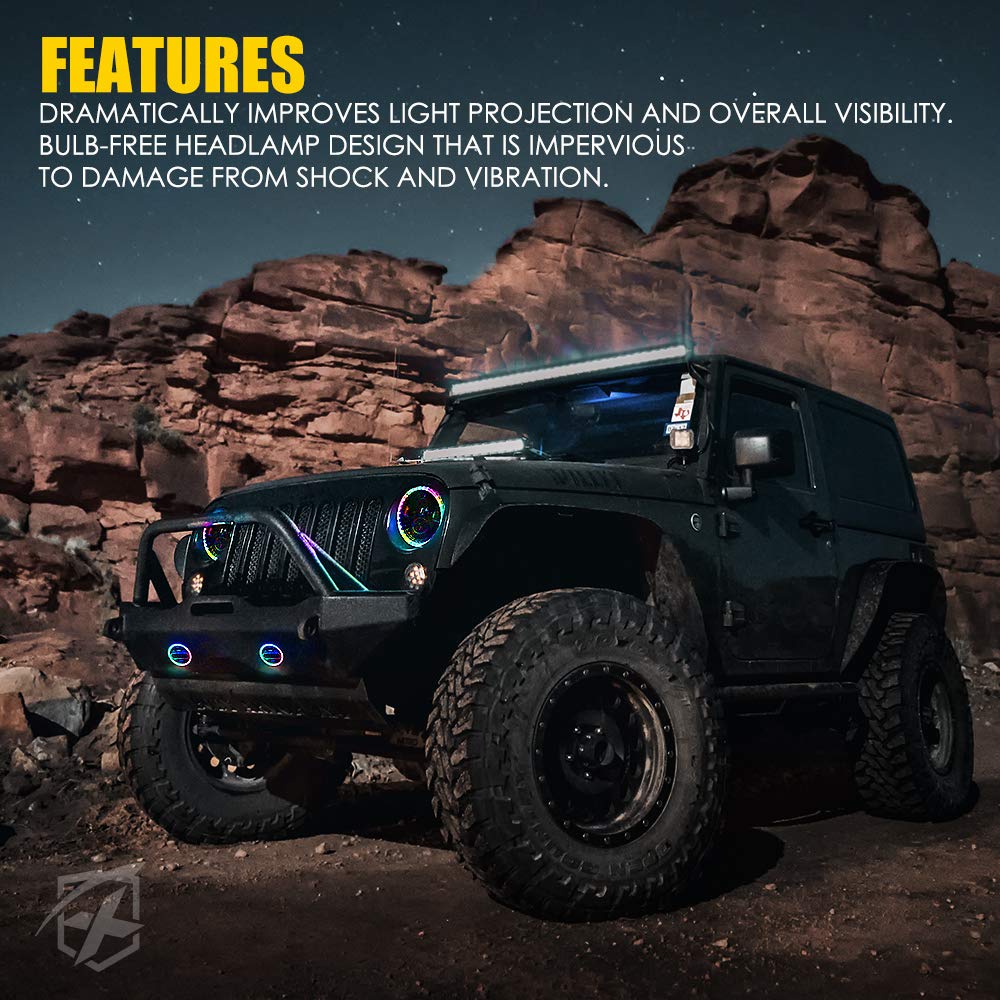 7" ~ BT compatible, RGB Halo LED Headlights & Fog Lights for 07-18 Jeep Wrangler