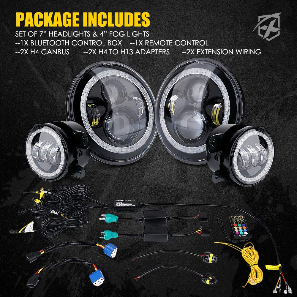 7" ~ BT compatible, RGB Halo LED Headlights & Fog Lights for 07-18 Jeep Wrangler