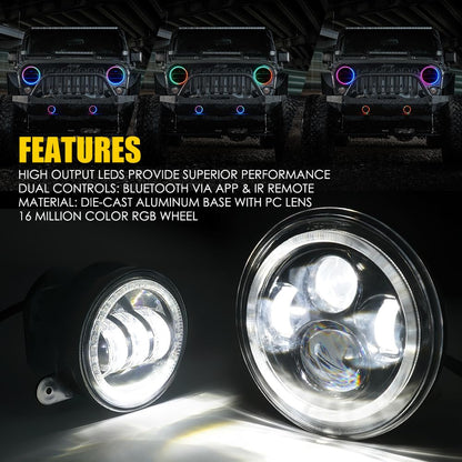 7" ~ BT compatible, RGB Halo LED Headlights & Fog Lights for 07-18 Jeep Wrangler