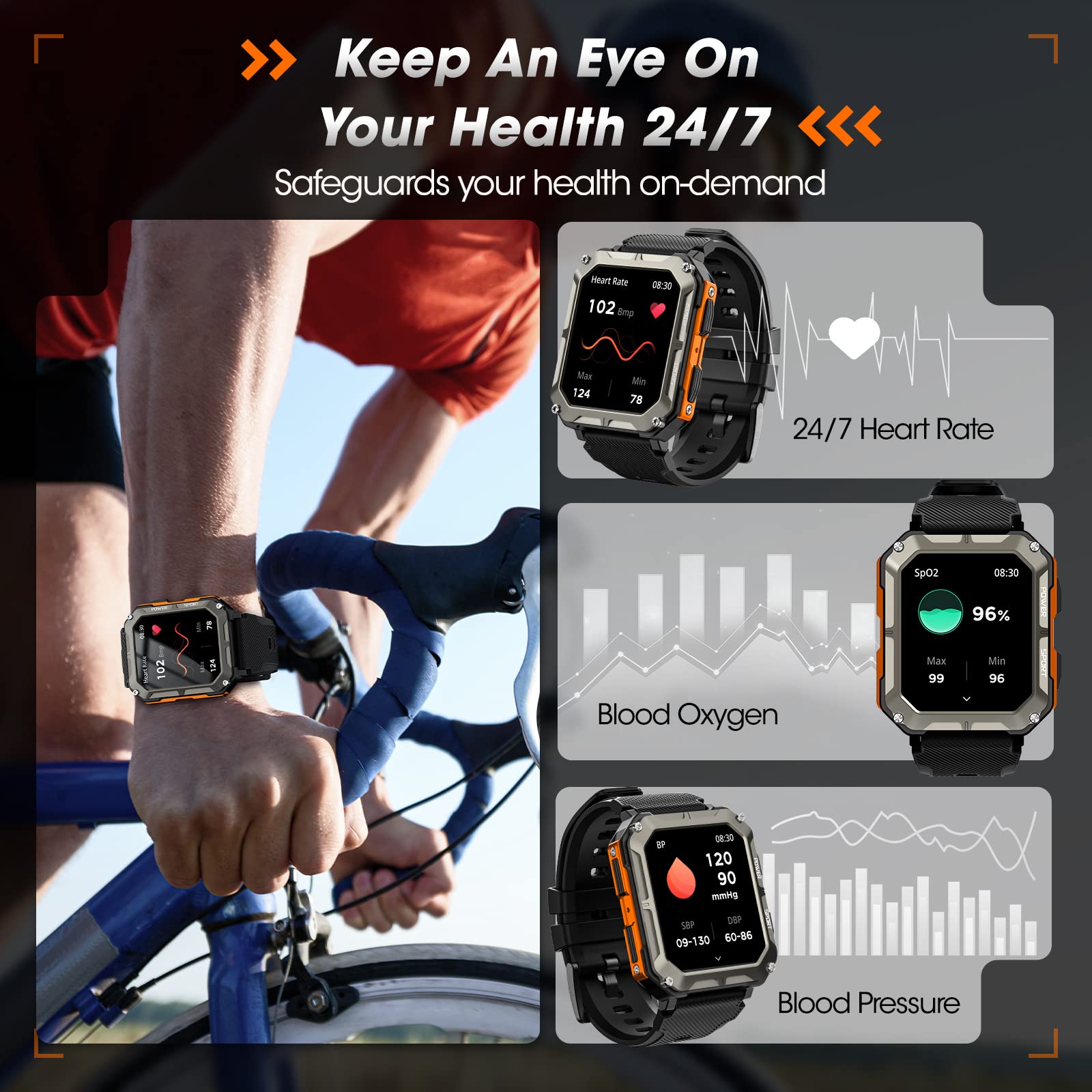 Smart Watch- Waterproof Fitness Tracker-Blood Pressure Heart Rate, Sleep Monitor