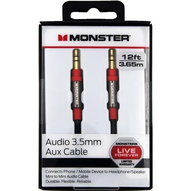 Monster 12-FT | 3.6 M Audio 3.5 MM AUX Cable Gold Contacts HD Audio Phone Tablet