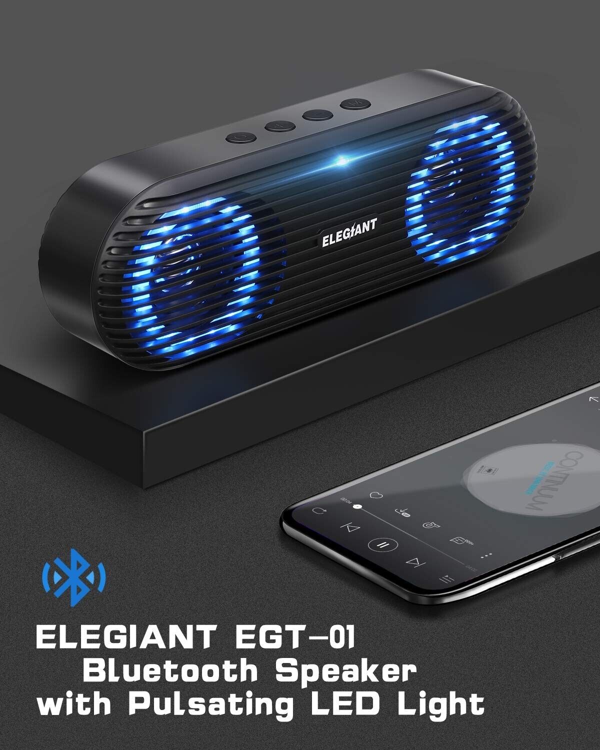 Elegiant Bluetooth 5.0 Portable Stereo Speaker, LED Lights, TF-Card/U-Disk, AUX
