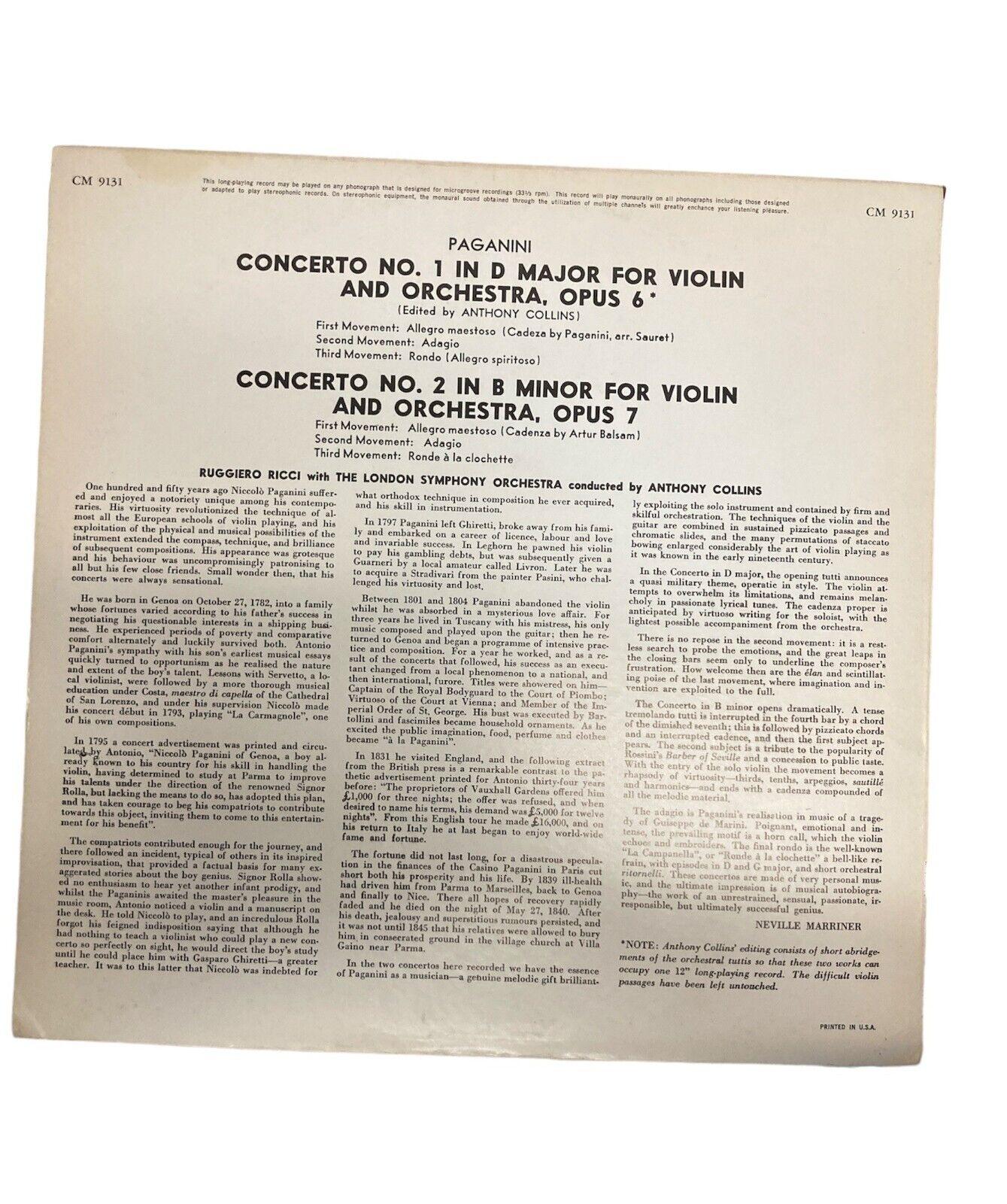 Ruggiero Ricci: Paganini: Violin cts. nos. 1, 2 London Symphony Orchestra CM9131