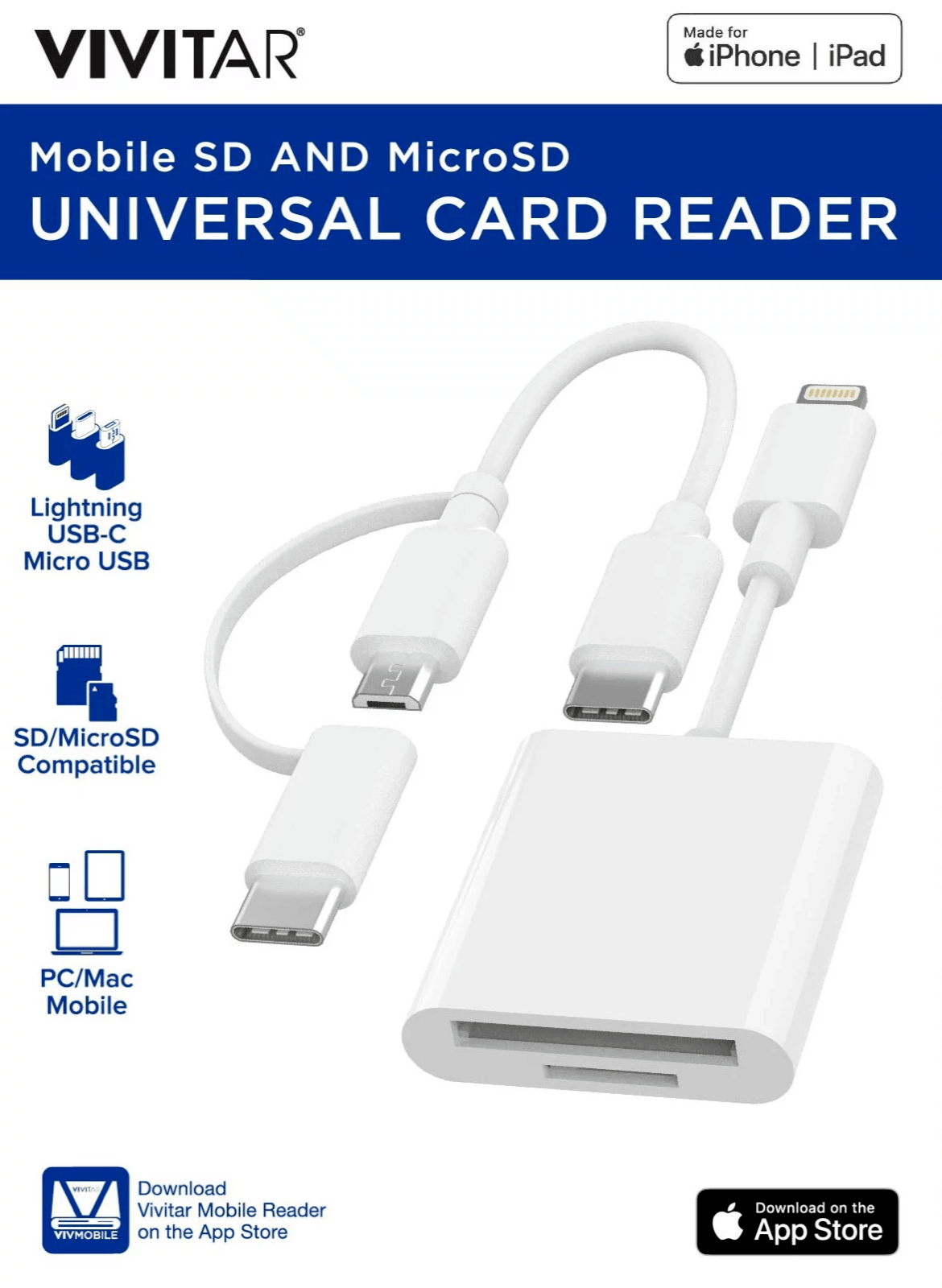 Vivitar Mobile SD and MicroSD Universal Card Reader, White