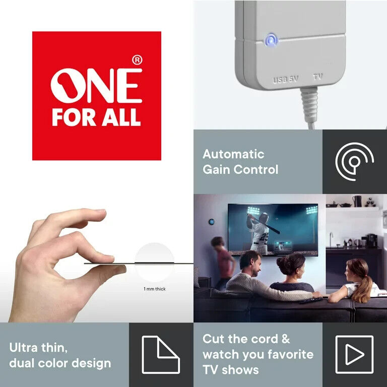 One For All 14542 HDTV Antenna - Amplified Indoor Ultra Thin TV Antenna