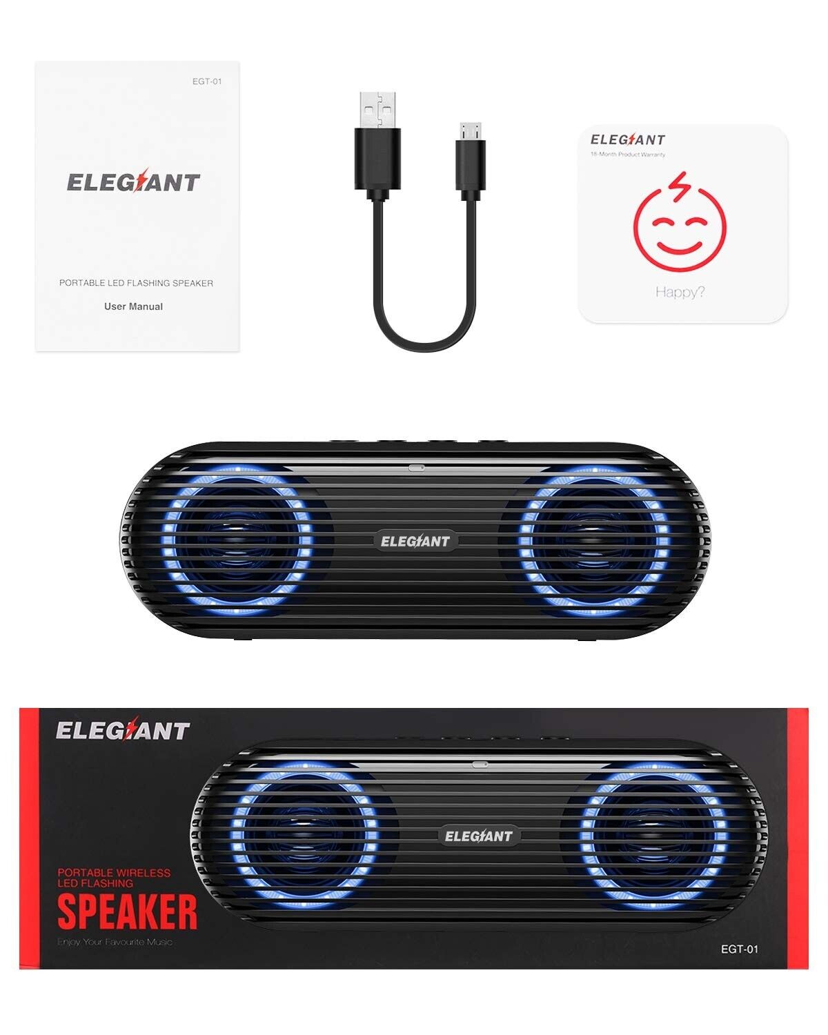 Elegiant Bluetooth 5.0 Portable Stereo Speaker, LED Lights, TF-Card/U-Disk, AUX