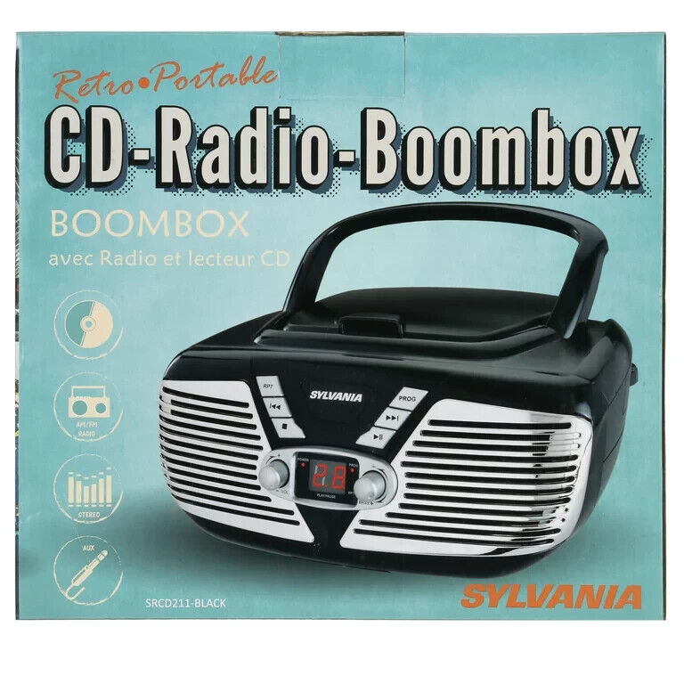Sylvania Portable CD Boombox AM/FM Radio Retro Style, Aux Jack (SRCD211)