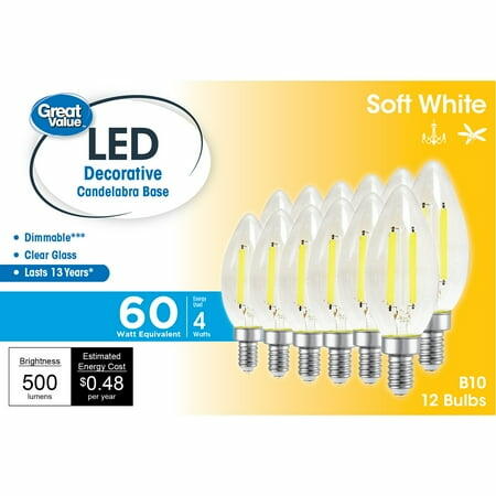 Great Value LED  4W (60W Eqv) Candelabra Base  Dimmable  Soft White  12pk