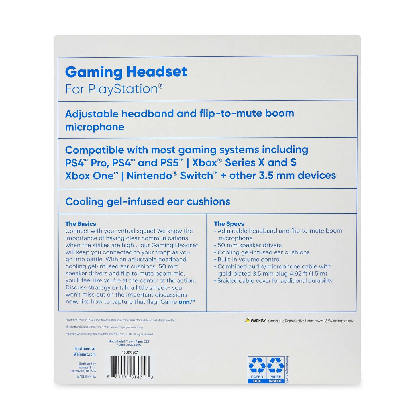 Onn Gaming Headset for PlayStation w/ adjustable band, micro & gel ear cushions
