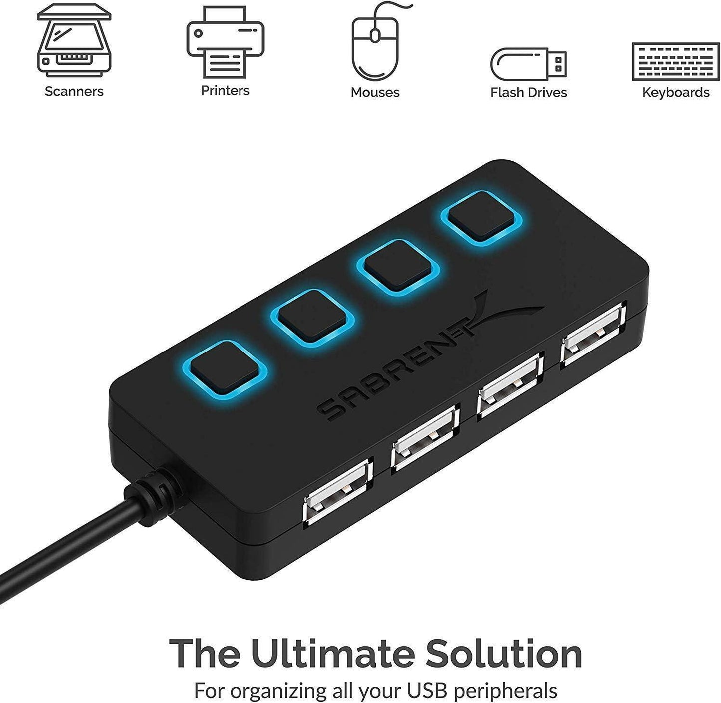 Sabrent USB Type A to 4-Port USB 2.0 Hub w/ Power Switches/LEDs - Black