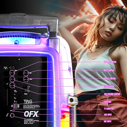 QFX 15" Portable Bluetooth Karaoke Party Speaker| USB, AUX, FM Radio | TMS-1553