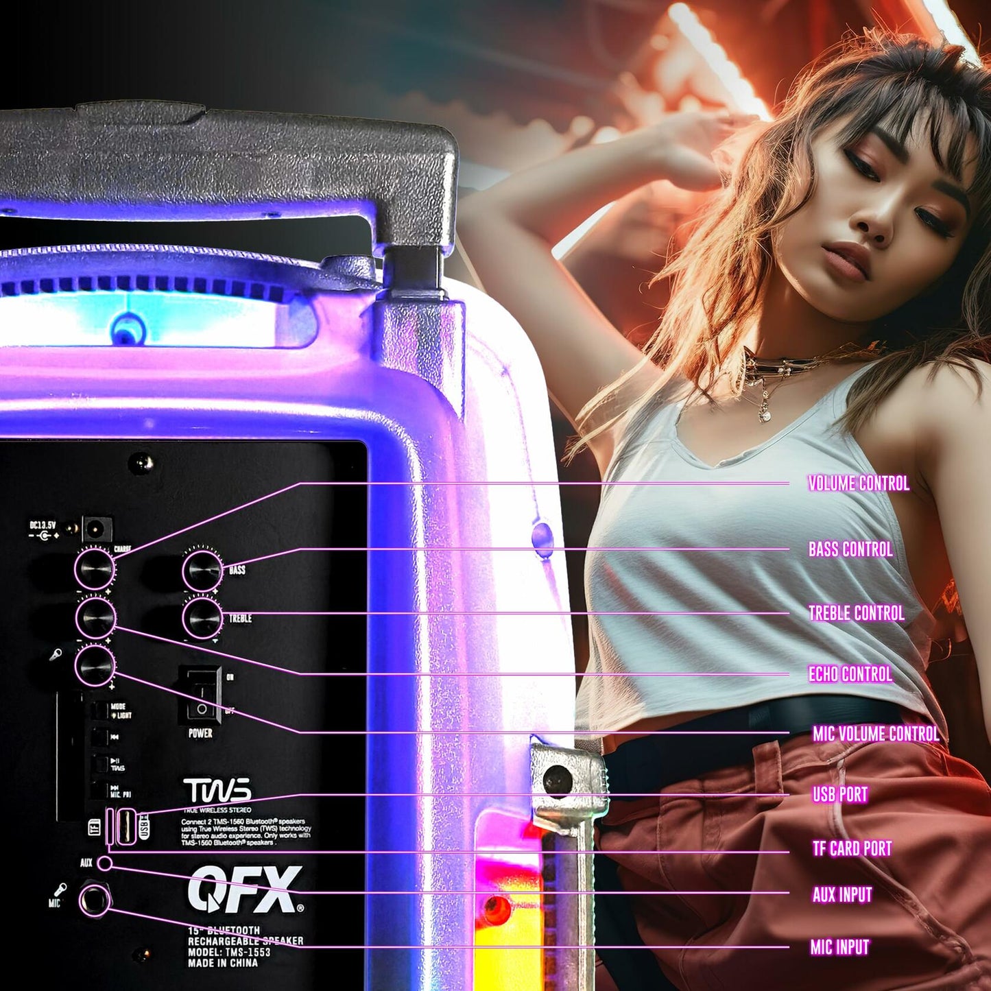 QFX 15" Portable Bluetooth Karaoke Party Speaker| USB, AUX, FM Radio | TMS-1553
