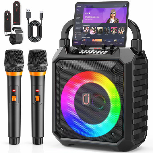 JYX Karaoke Machine with Two Wireless Microphones, Portable Speaker w/LED Lights